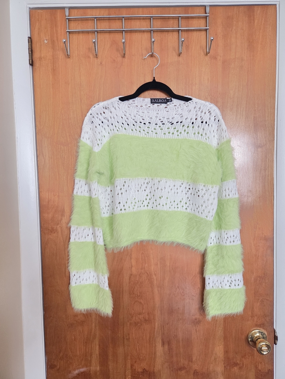 Balboa Lime & White Striped Fuzzy Knit Sweater- Cropped
